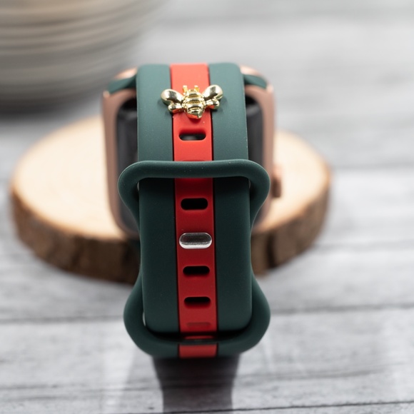 Apple Watch Band, Green and Red Stripes Silicone Strap w/ Bee Stud 40/41/44/45 - Picture 3 of 6